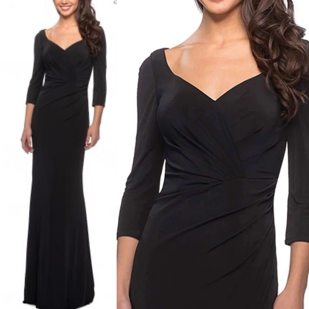 La Femme 3/4 Sleeve Long Jersey Dress With Sweetheart Neckline Size 10 Black